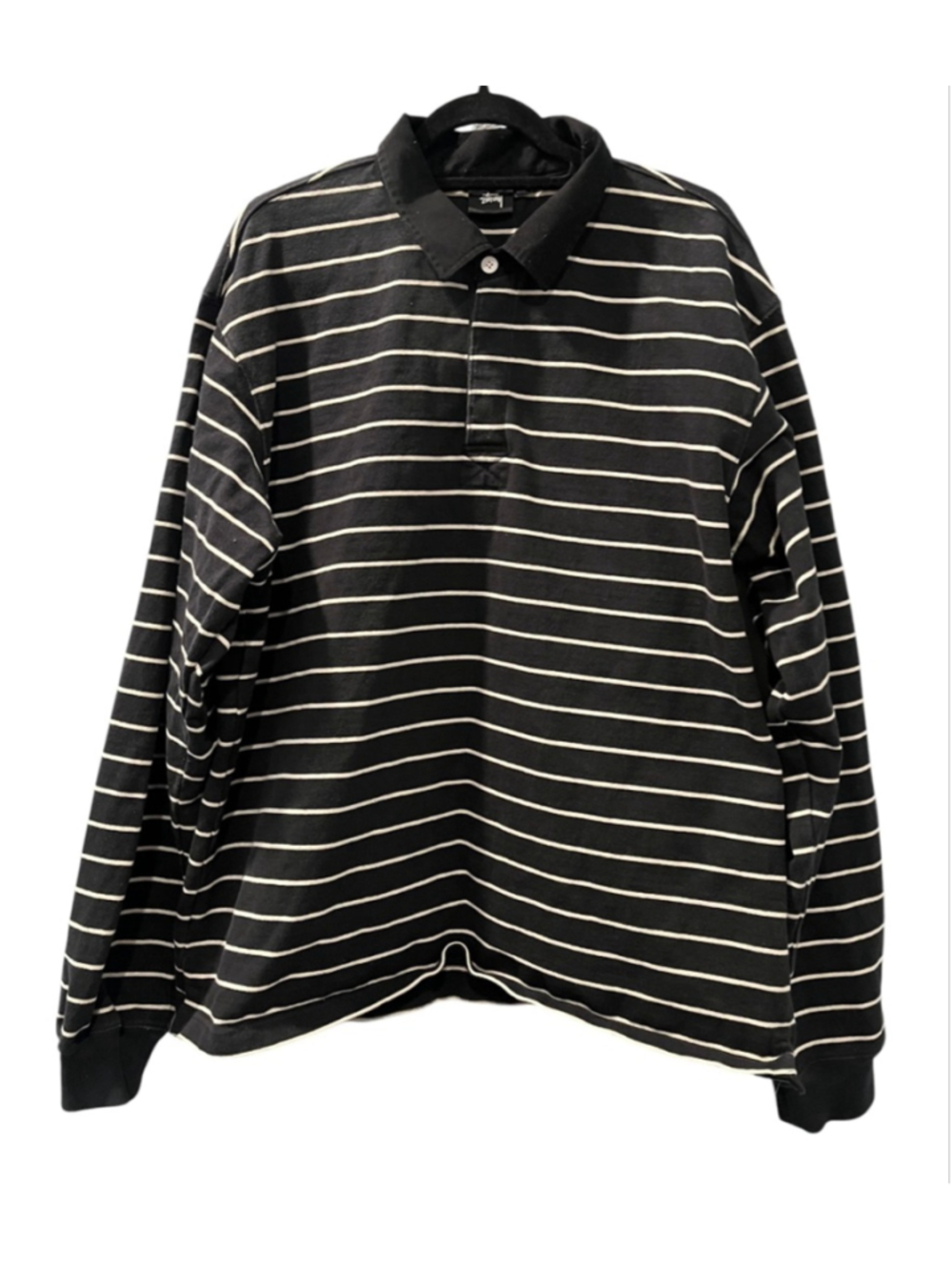 Stussy Pin Striped Rugby Shirt Black White XXL Heavyweight Long Sleeve Shirt